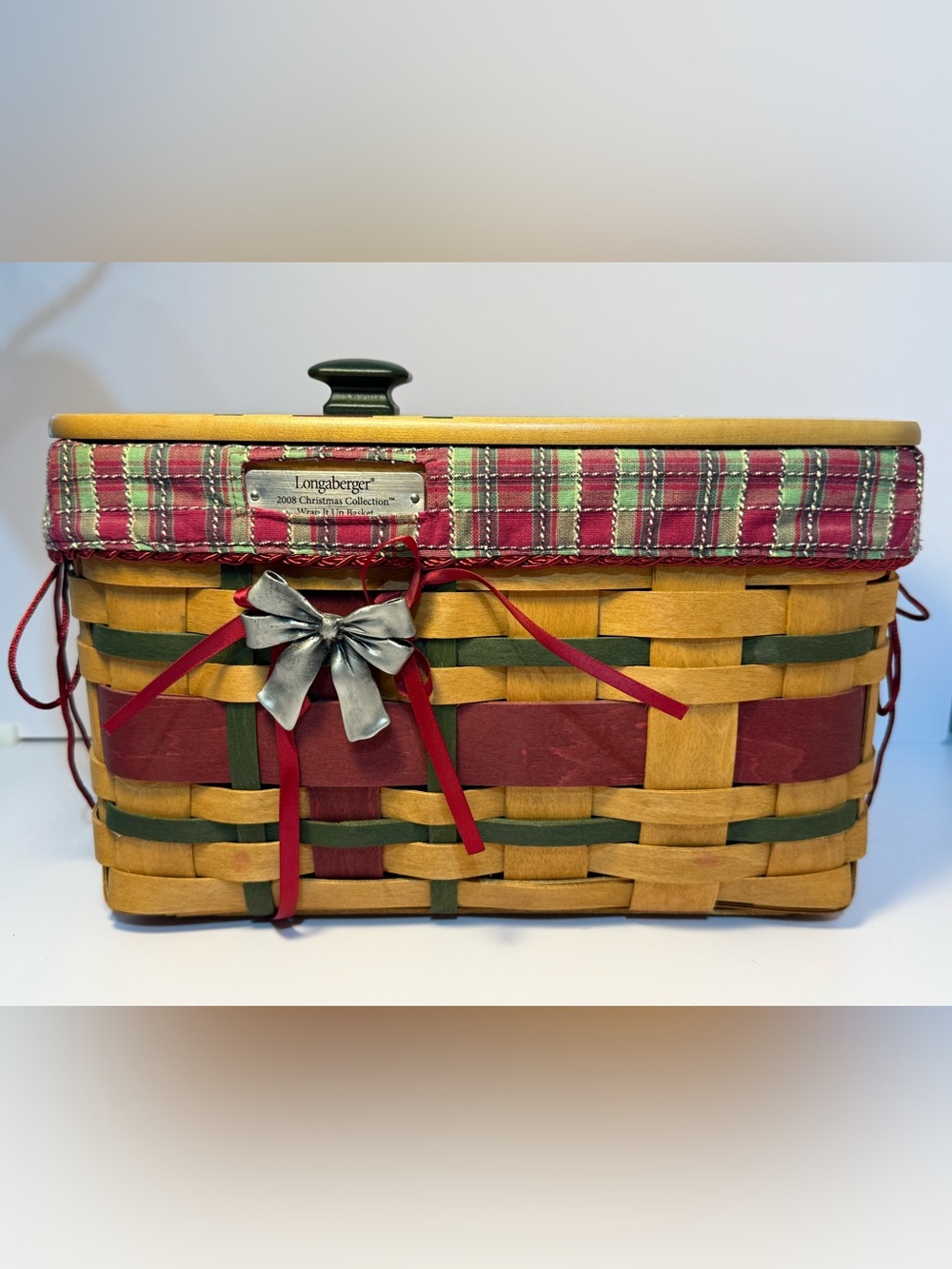Longaberger Basket Wrap It Up Basket Protector Liner Lid Red Knob Christmas 2008